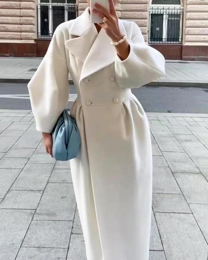 Women's Double-Breasted Trench Coat with Balloon Sleeves | Maxi Long