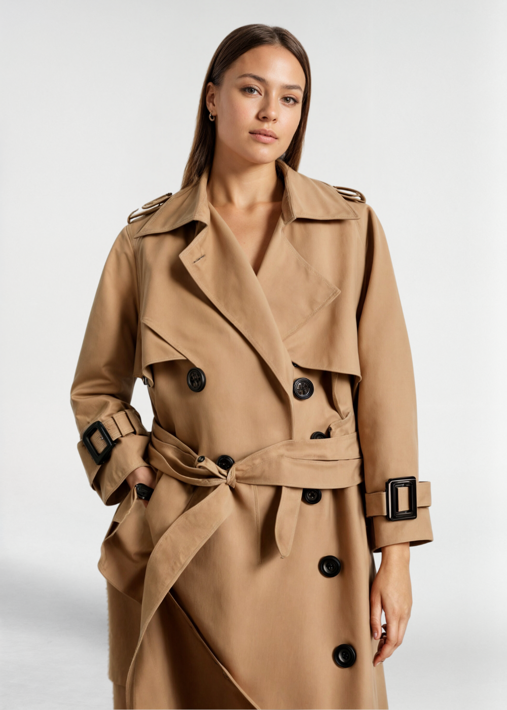 Women's Double-Breasted Trench Coat with Epaulettes & Buckled Cuffs | Long