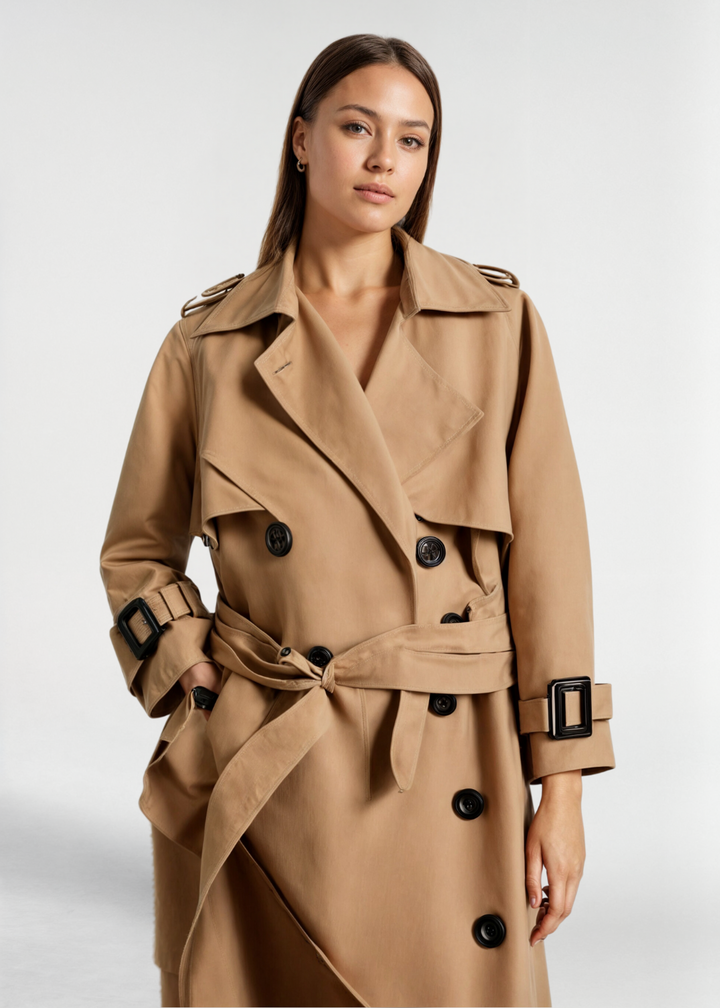 Women's Double-Breasted Trench Coat with Epaulettes & Buckled Cuffs | Long