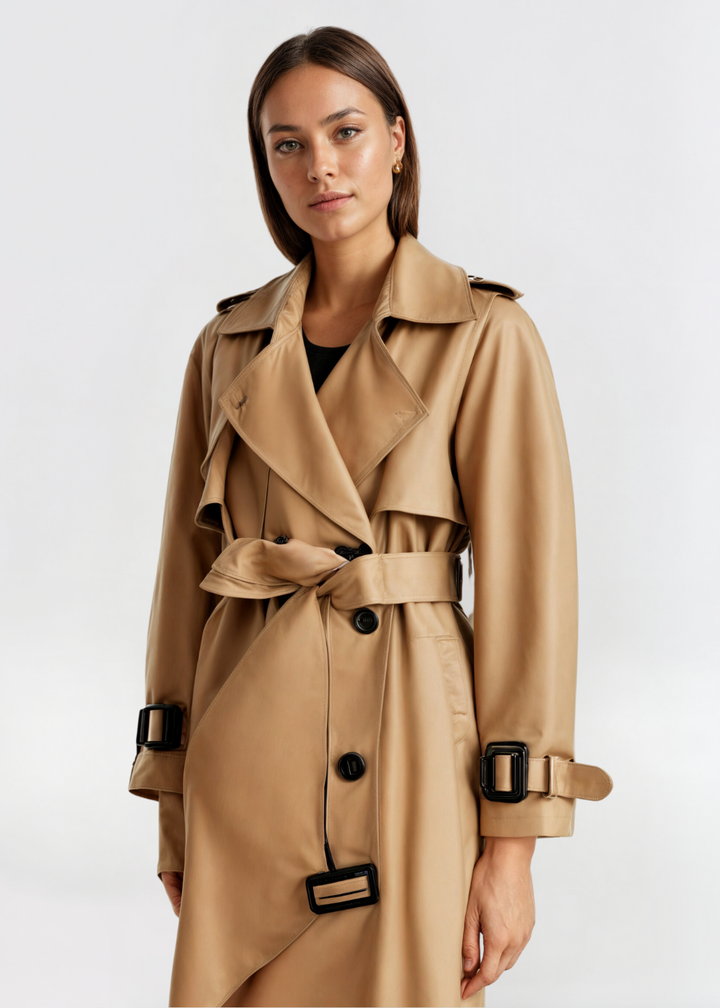 Women's Double-Breasted Trench Coat with Epaulettes & Buckled Cuffs | Long