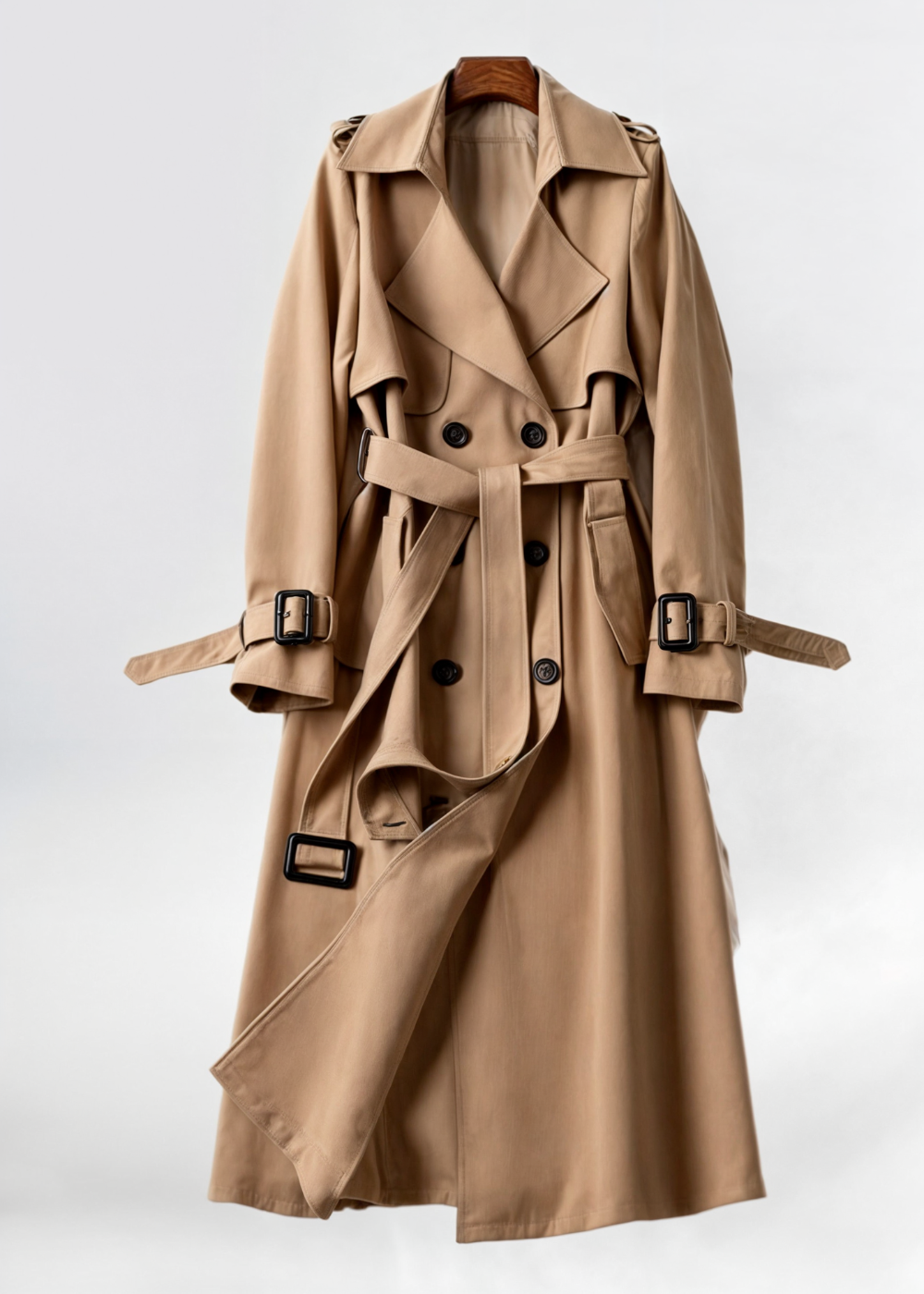 Women's Double-Breasted Trench Coat with Epaulettes & Buckled Cuffs | Long