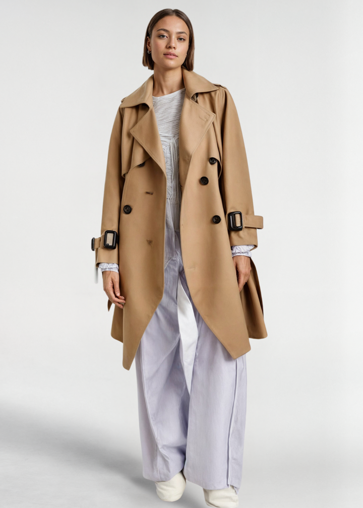 Women's Double-Breasted Trench Coat with Epaulettes & Buckled Cuffs | Long