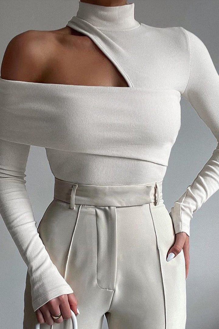 Women's Fitted Long Sleeve Top with Cut Out Detail | Turtleneck