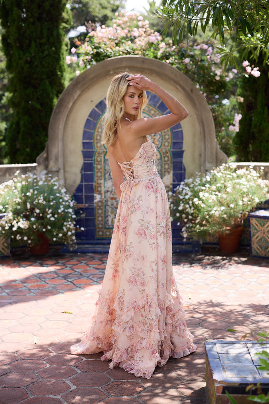 Women's Floral Wedding Guest Dress with Deep V & Ruffle | Maxi