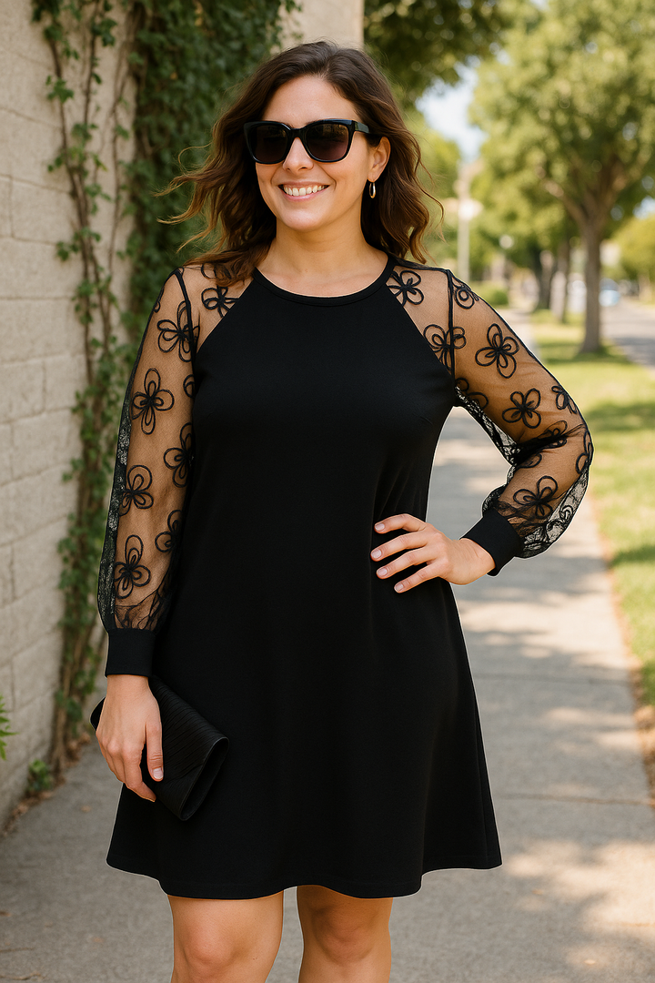 Women's Formal A-Line Dress Sheer Embroidered Sleeves | Evening