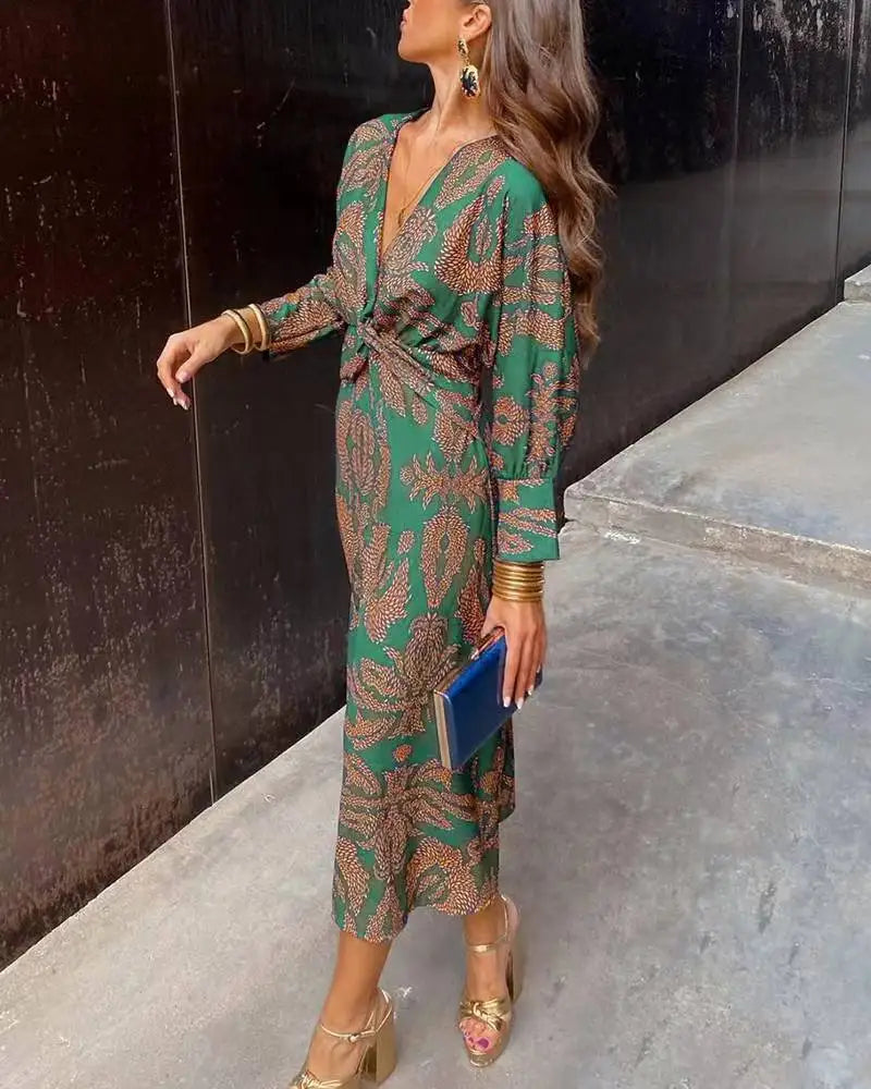 Women’s Formal Dress V-Neck Knot Front | Long Sleeve Midi