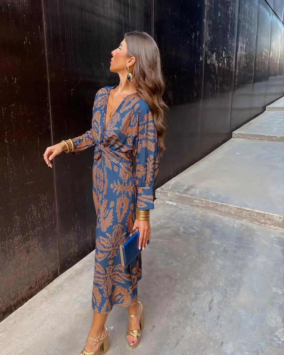 Women’s Formal Dress V-Neck Knot Front | Long Sleeve Midi