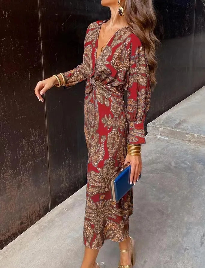 Women’s Formal Dress V-Neck Knot Front | Long Sleeve Midi