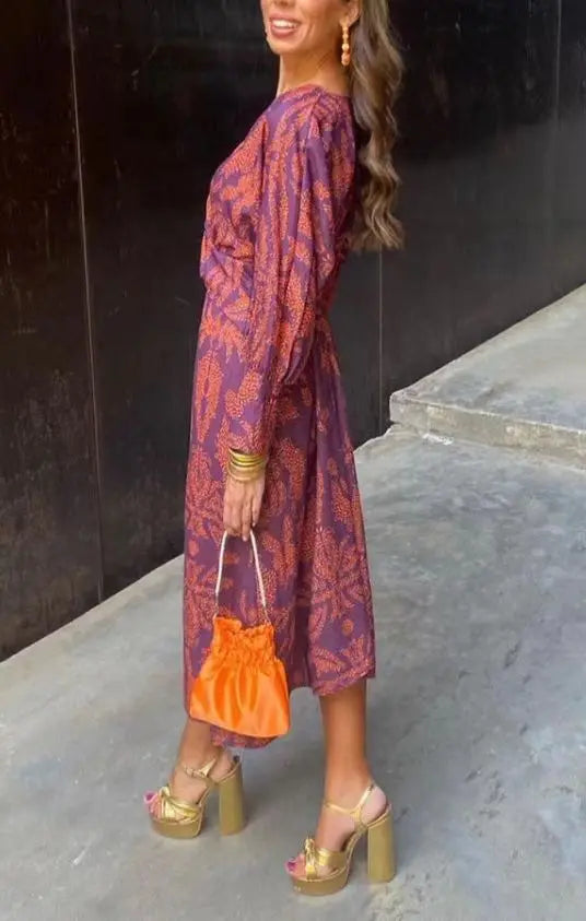 Women’s Formal Dress V-Neck Knot Front | Long Sleeve Midi