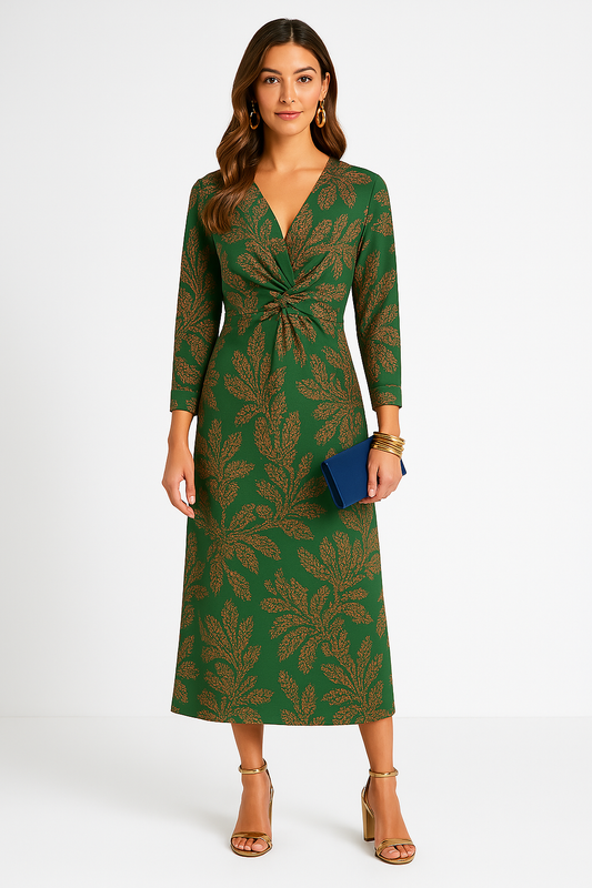 Women’s Formal Dress V-Neck Knot Front | Long Sleeve Midi