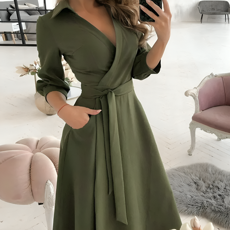 Women’s Formal Dress Wrap V-Neck with Tie Belt | Midi