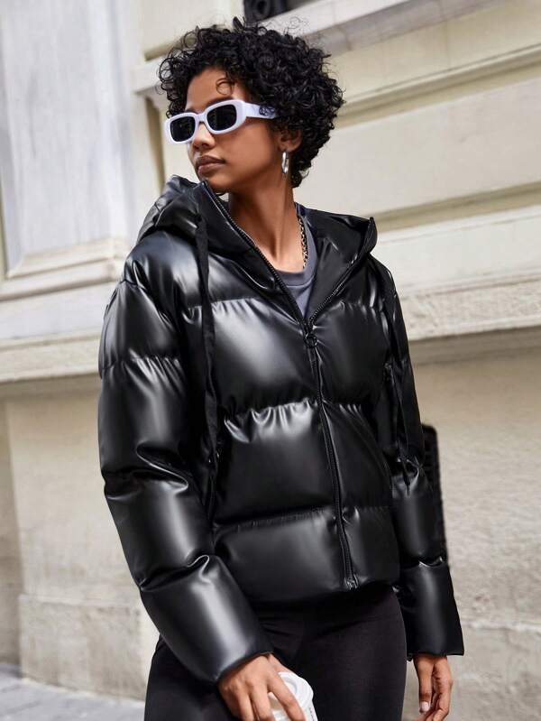 Women's Hooded Puffer Jacket Glossy Padded | Oversized