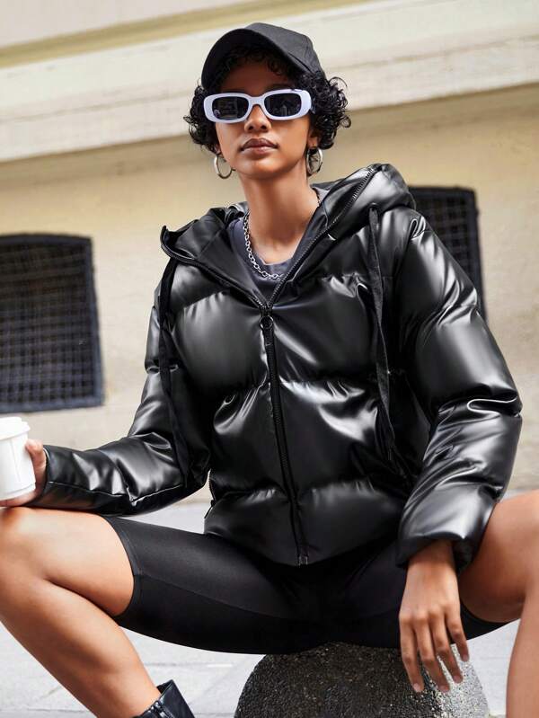 Women's Hooded Puffer Jacket Glossy Padded | Oversized