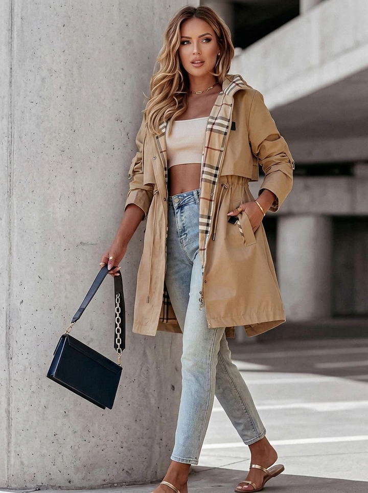 Women's Hooded Trench Coat with Plaid Lining & Drawstring | Rain