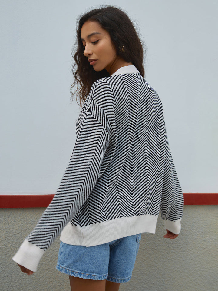 Women's Knit Cardigan with Chevron Stripes & V-Neck | Button Up