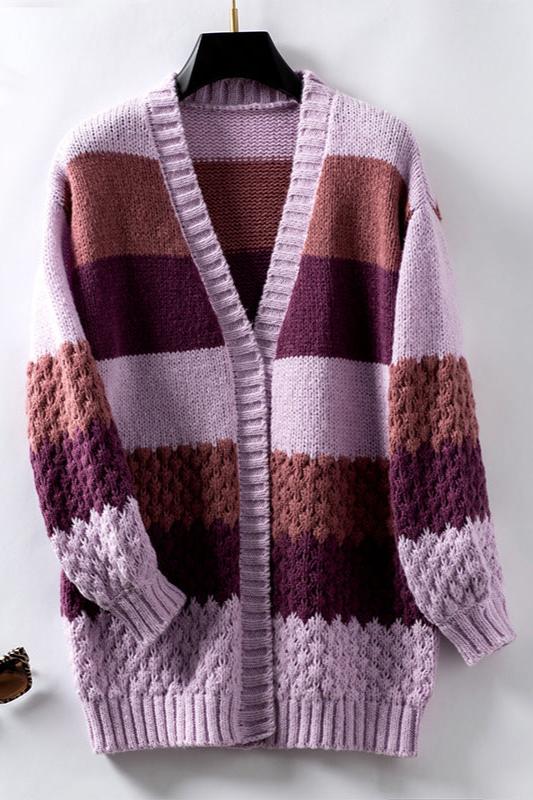 Women's Knit Cardigan with Color Block Stripes | Open Front