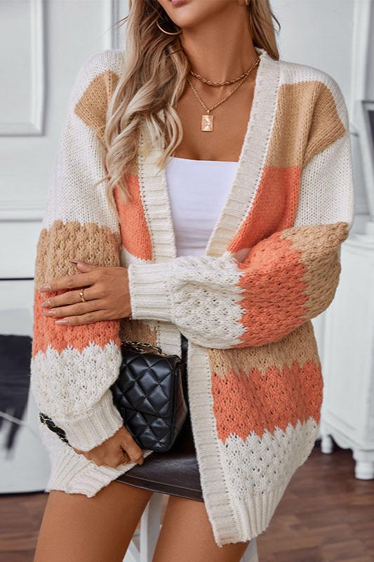 Women's Knit Cardigan with Color Block Stripes | Open Front