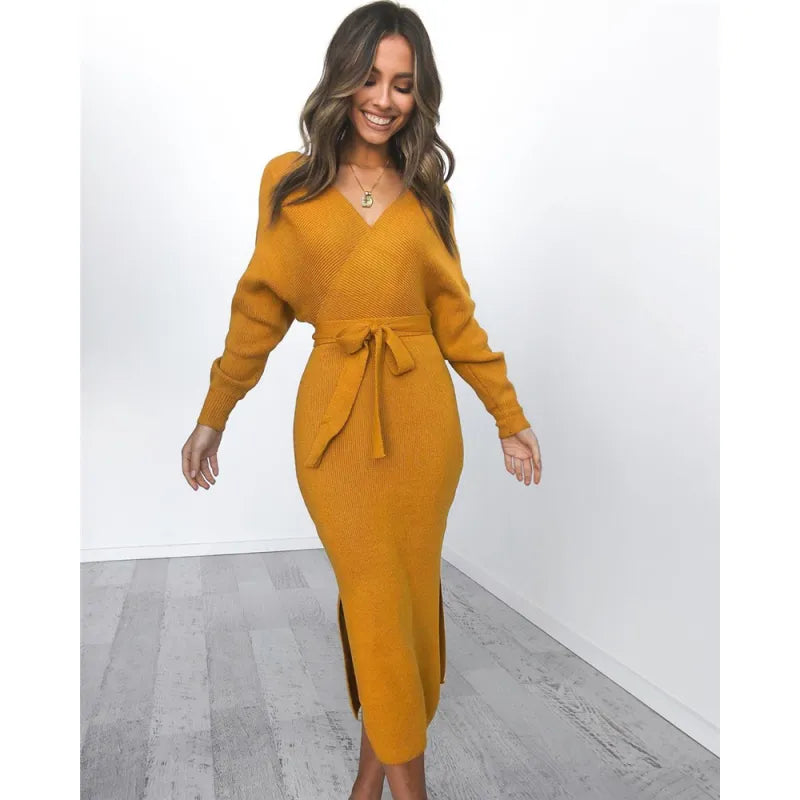 Women's Knit Dress Long Sleeve Maxi | Wrap Style
