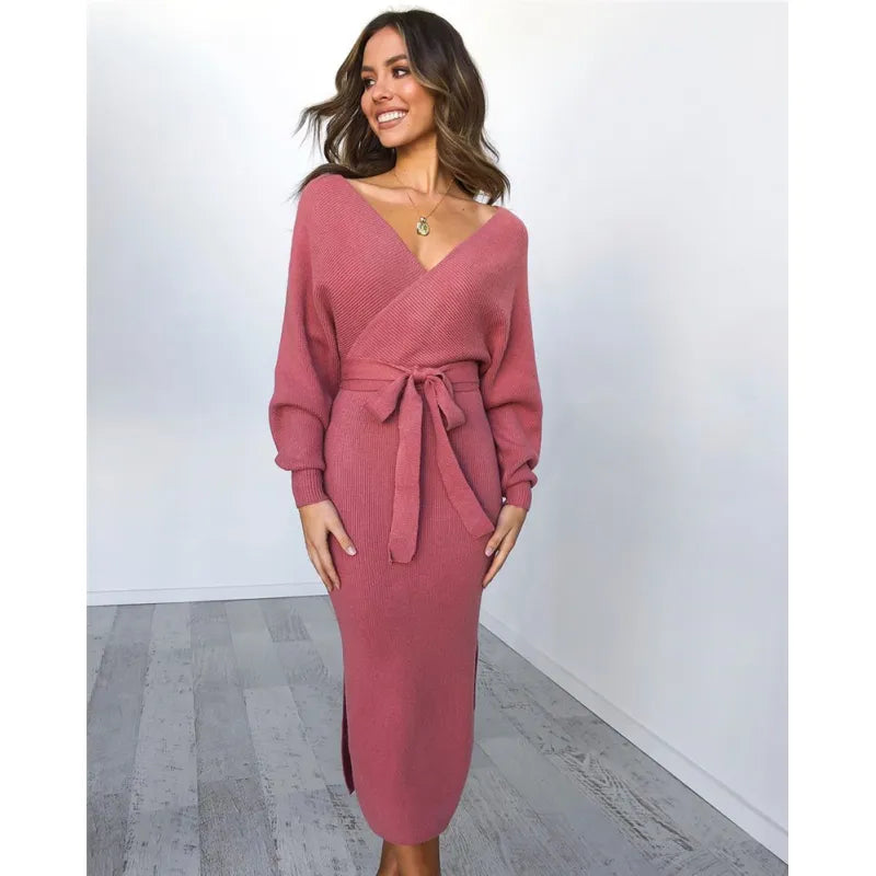 Women's Knit Dress Long Sleeve Maxi | Wrap Style