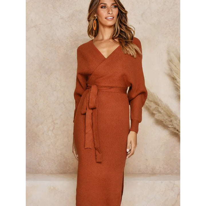 Women's Knit Dress Long Sleeve Maxi | Wrap Style