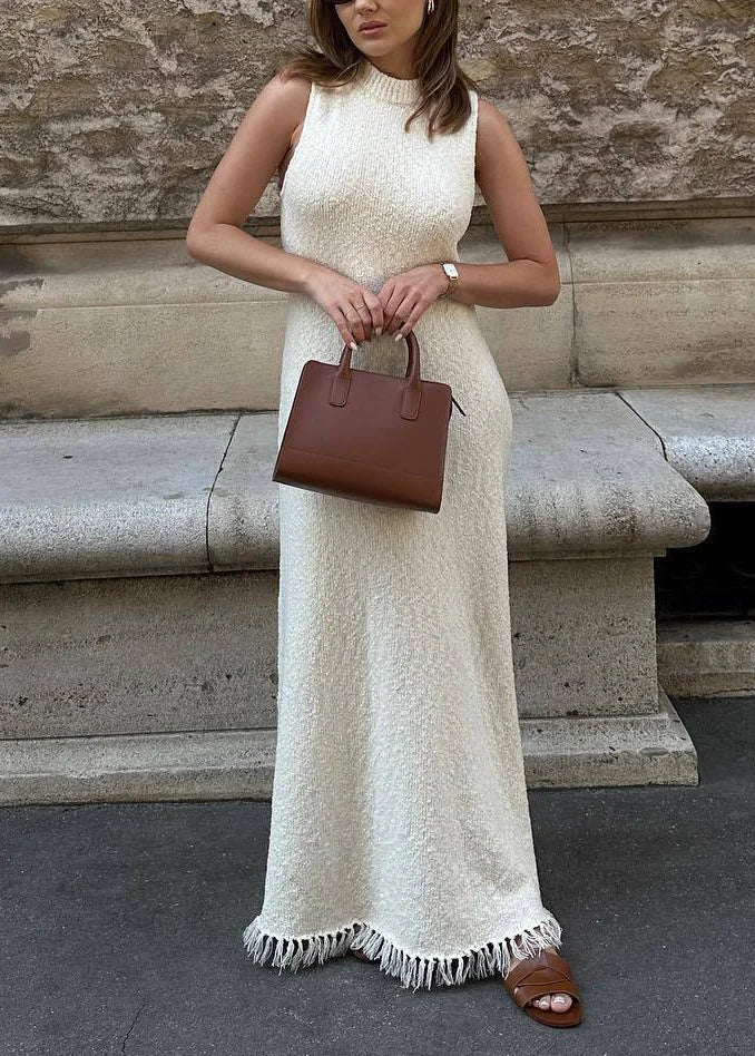 Women's Knit Dress Maxi Sleeveless Fringe Hem | Wedding Guest