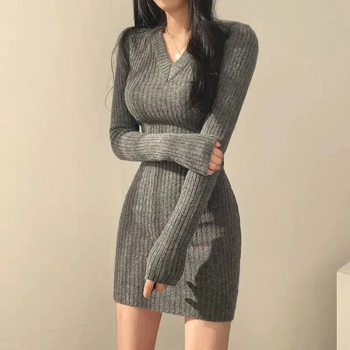 Women's Knit Dress Mini V-Neck Long Sleeve | Bodycon