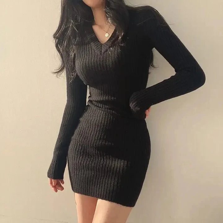 Women's Knit Dress Mini V-Neck Long Sleeve | Bodycon