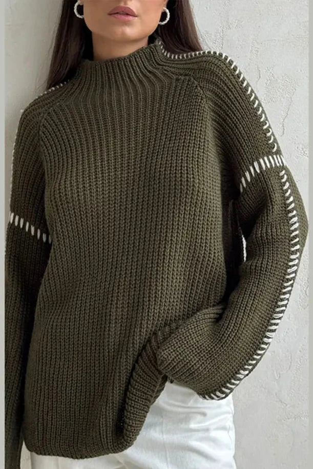 Women's Knitted Jumper Chunky Oversized & Mock Neck | Contrast Stitch