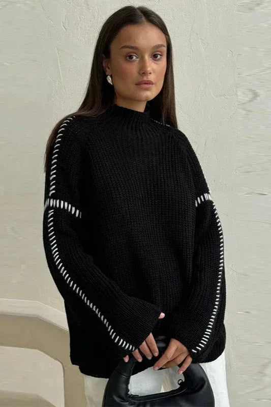 Women's Knitted Jumper Chunky Oversized & Mock Neck | Contrast Stitch