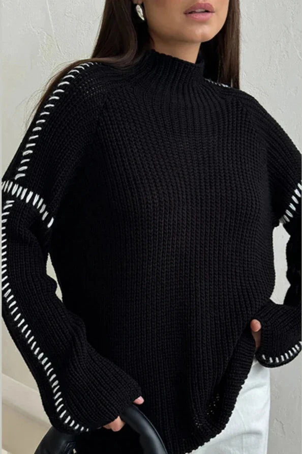 Women's Knitted Jumper Chunky Oversized & Mock Neck | Contrast Stitch