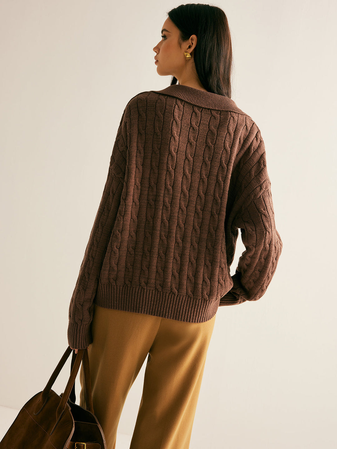 Women's Knitted Jumper Collared V-Neck | Cable Knit