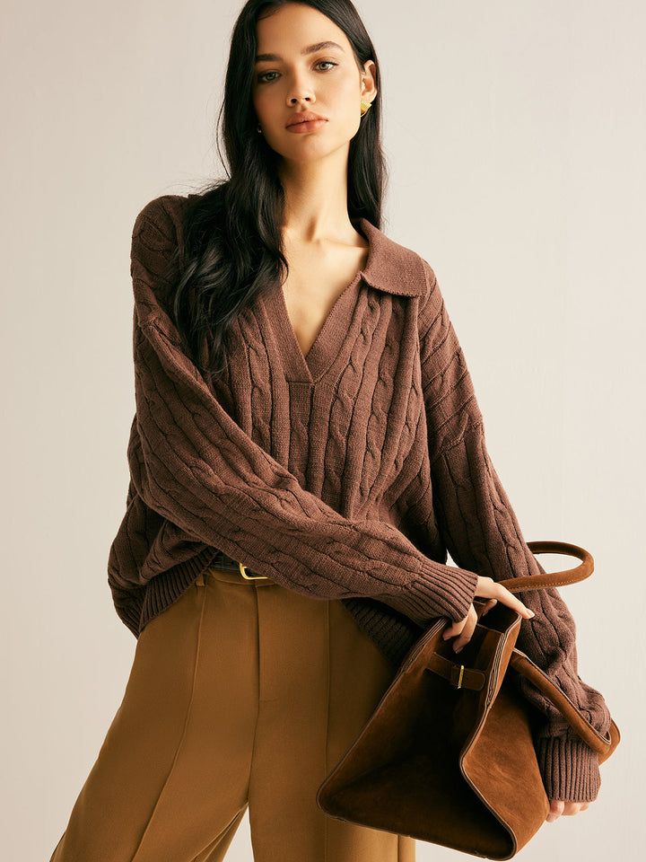 Women's Knitted Jumper Collared V-Neck | Cable Knit
