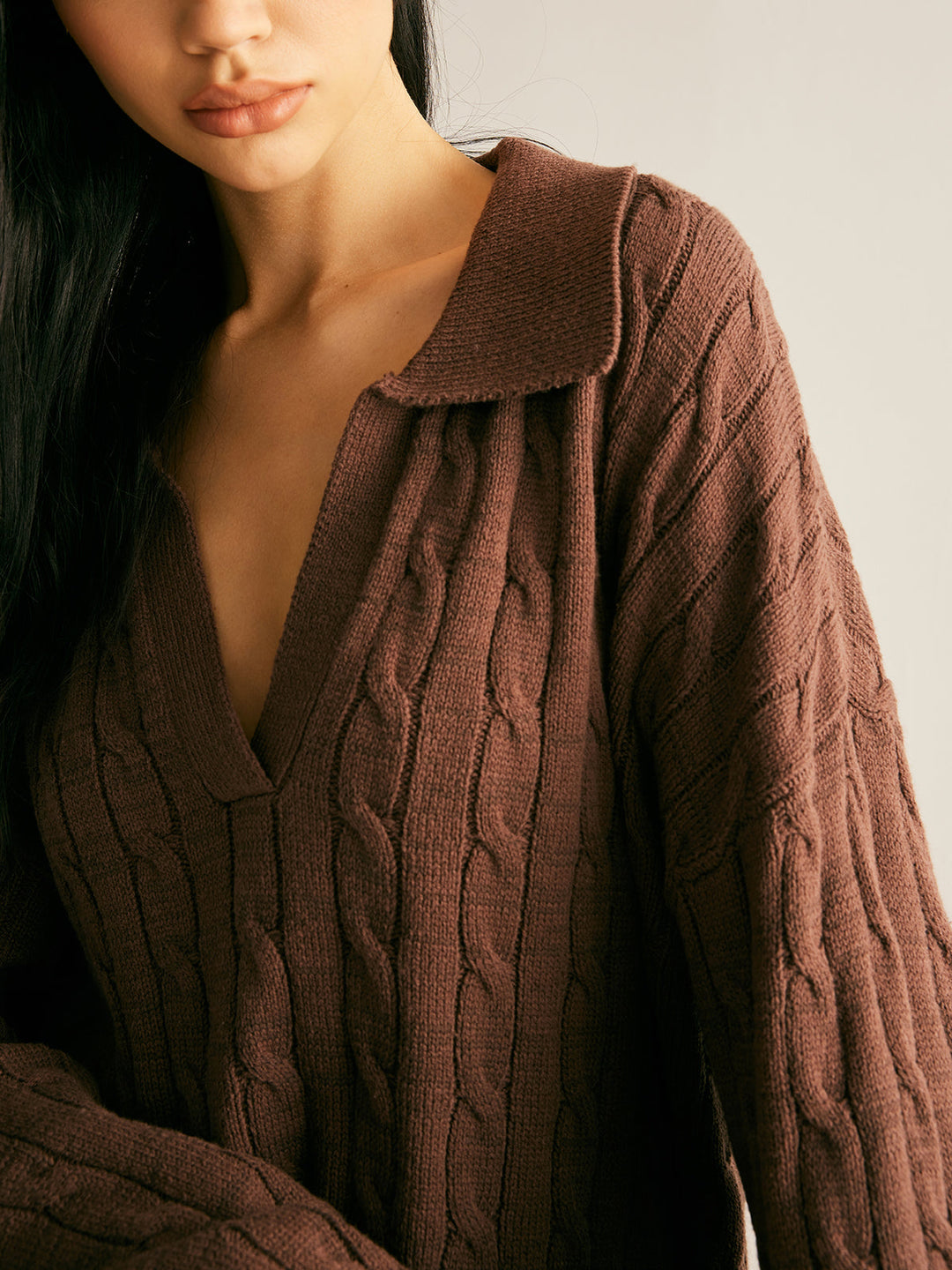 Women's Knitted Jumper Collared V-Neck | Cable Knit