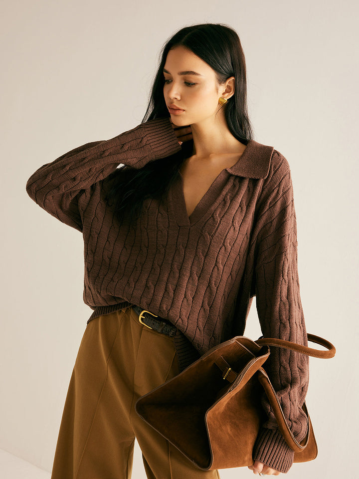 Women's Knitted Jumper Collared V-Neck | Cable Knit