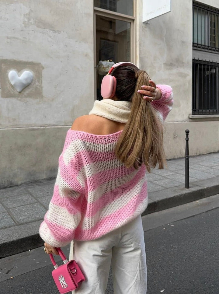 Women’s Knitted Jumper Striped Crew Neck | Oversized