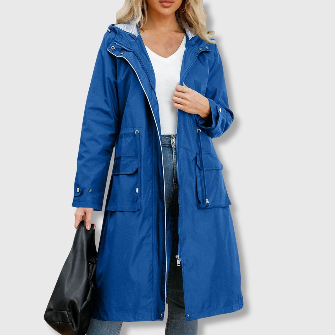 Women's Long Rain Jacket with Hood & Drawstring Waist | Zip Up