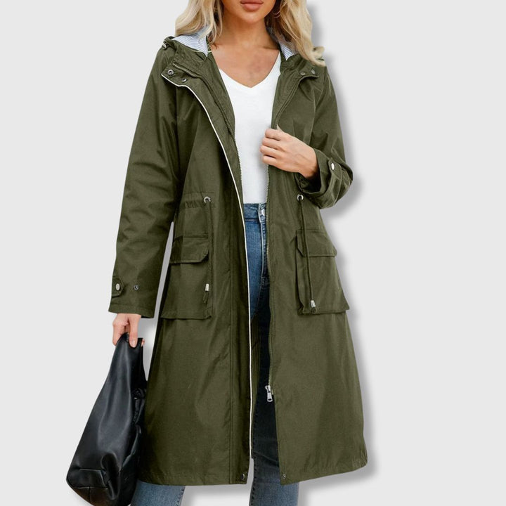 Women's Long Rain Jacket with Hood & Drawstring Waist | Zip Up