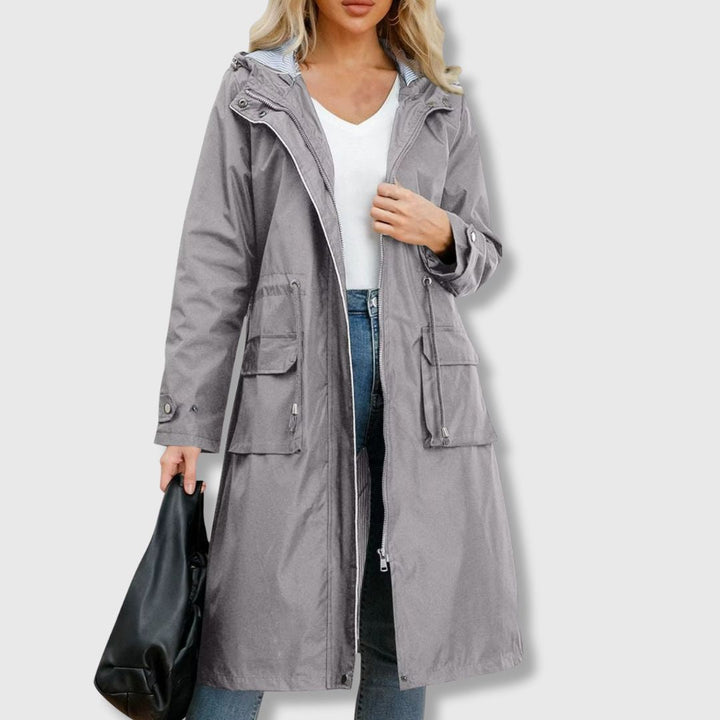 Women's Long Rain Jacket with Hood & Drawstring Waist | Zip Up