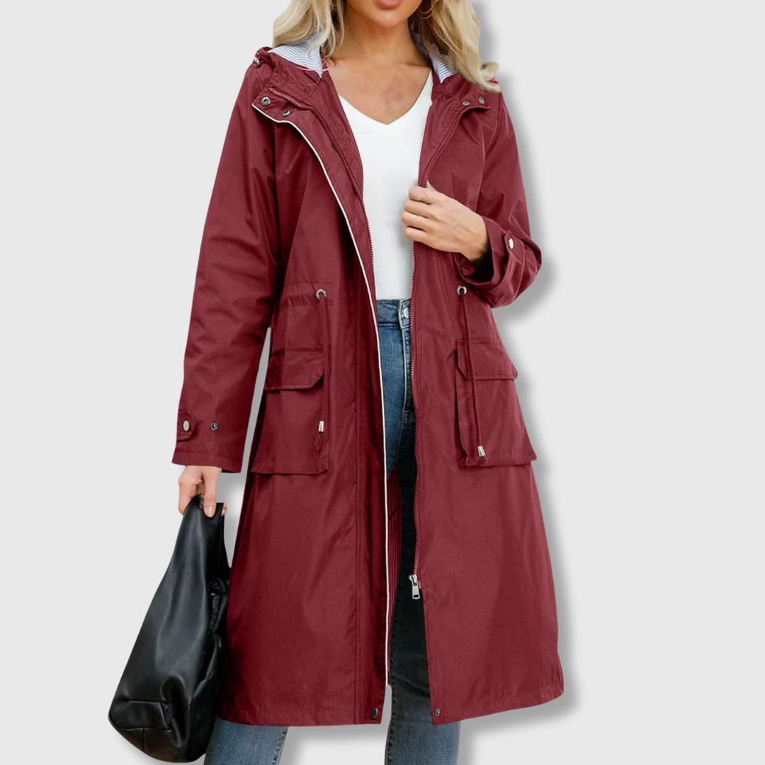 Women's Long Rain Jacket with Hood & Drawstring Waist | Zip Up