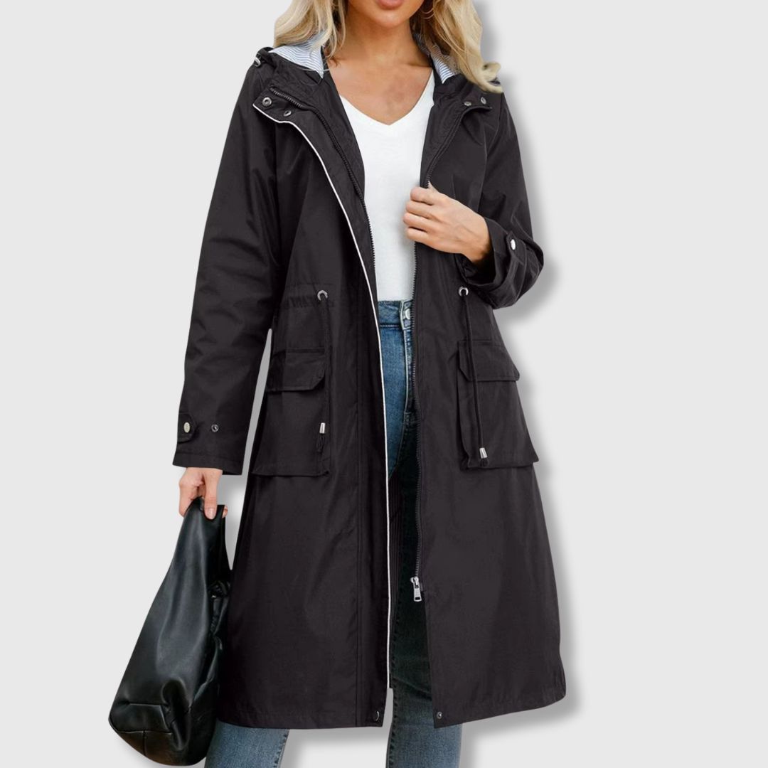 Women's Long Rain Jacket with Hood & Drawstring Waist | Zip Up
