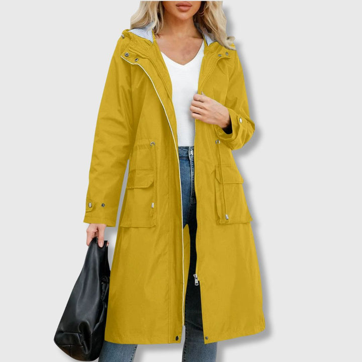 Women's Long Rain Jacket with Hood & Drawstring Waist | Zip Up