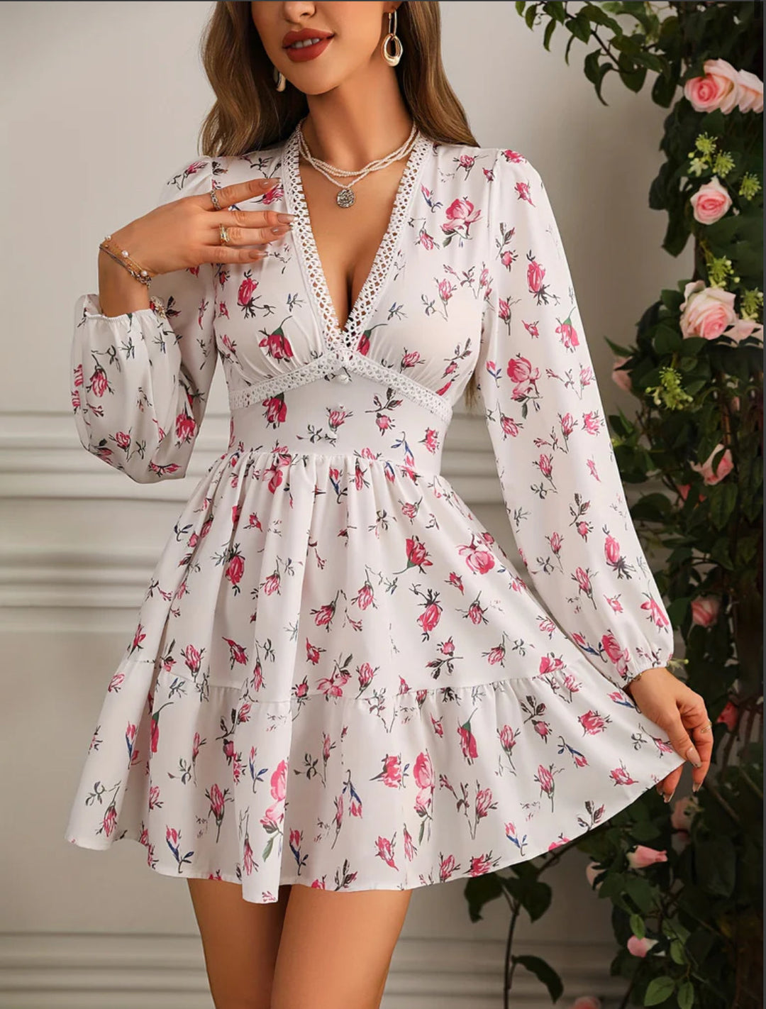 Women's Long Sleeve Dress Floral V-Neck | Mini Style
