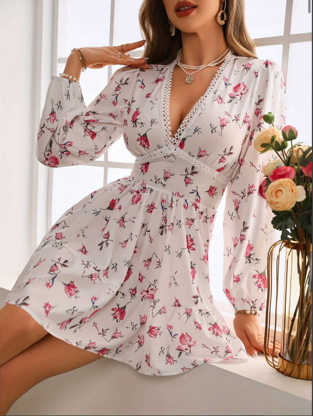 Women's Long Sleeve Dress Floral V-Neck | Mini Style