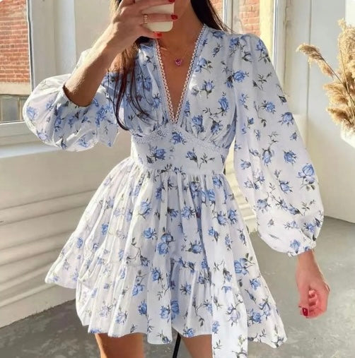 Women's Long Sleeve Dress Floral V-Neck | Mini Style