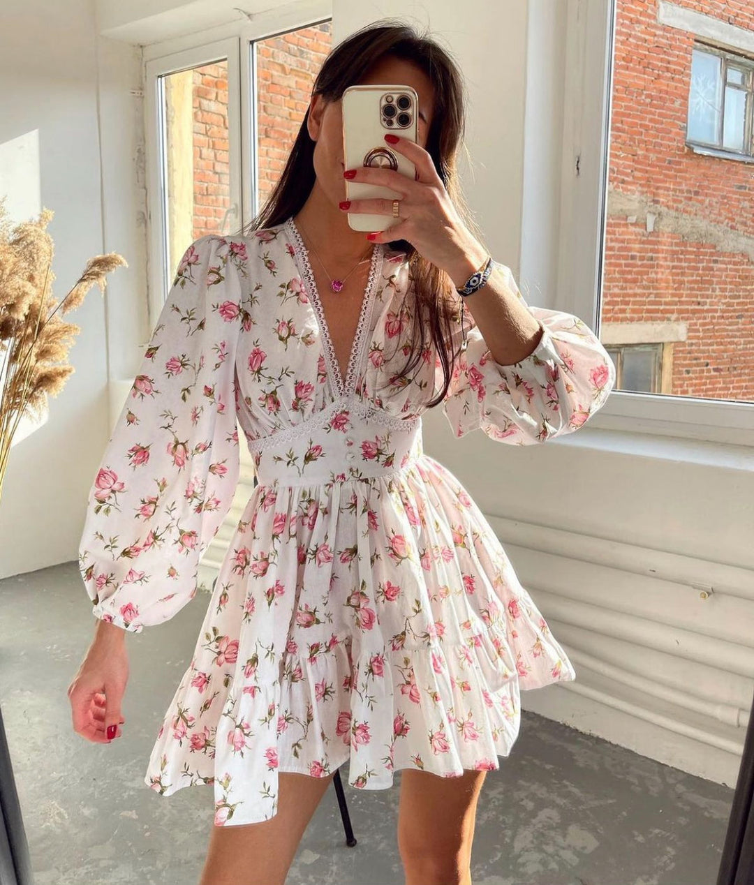 Women's Long Sleeve Dress Floral V-Neck | Mini Style