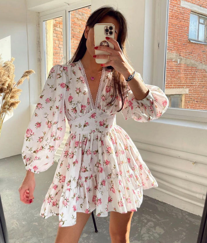 Women's Long Sleeve Dress Floral V-Neck | Mini Style