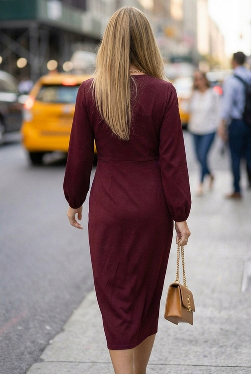 Women's Long Sleeve Dress Wrap Front | Formal Midi