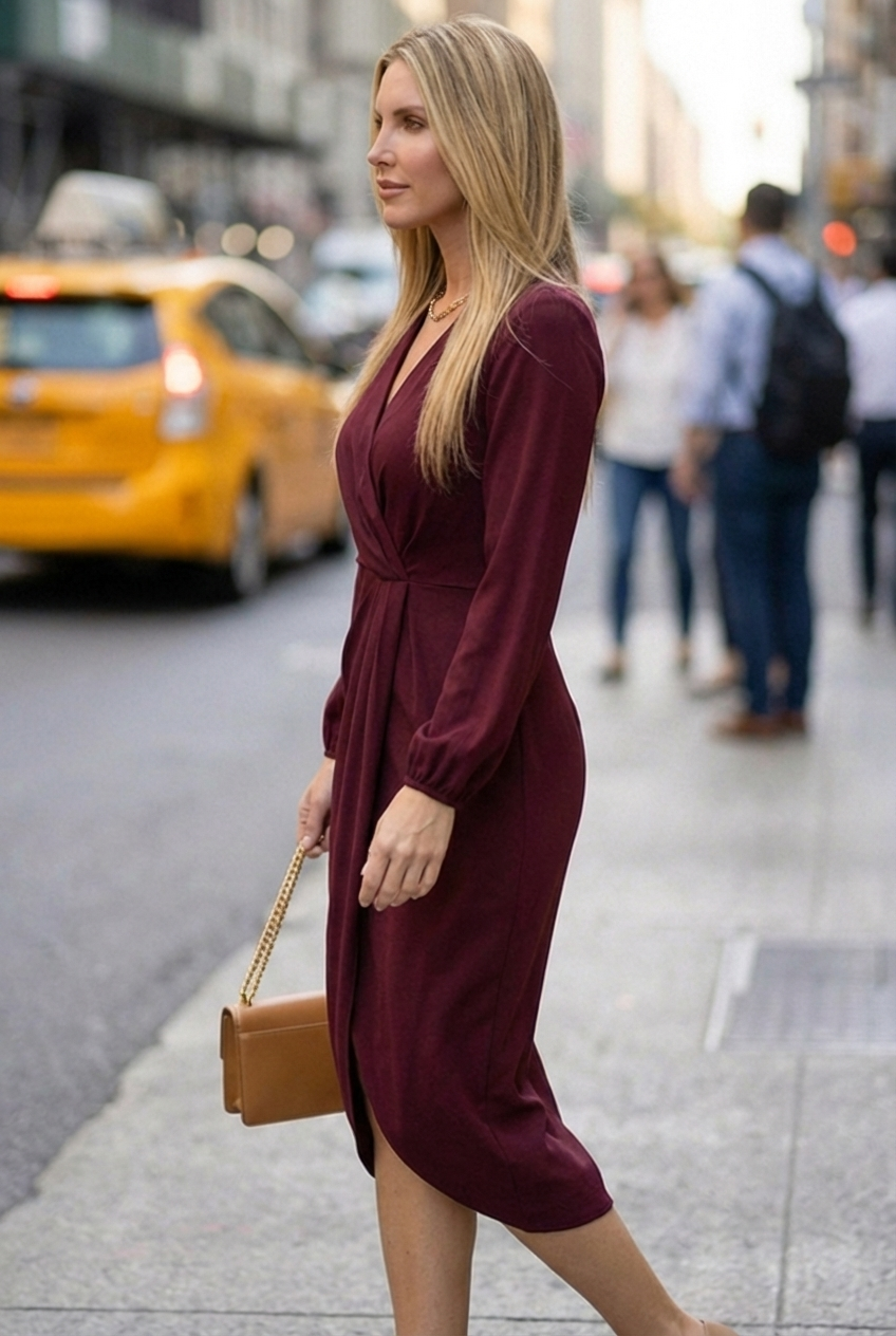 Women's Long Sleeve Dress Wrap Front | Formal Midi