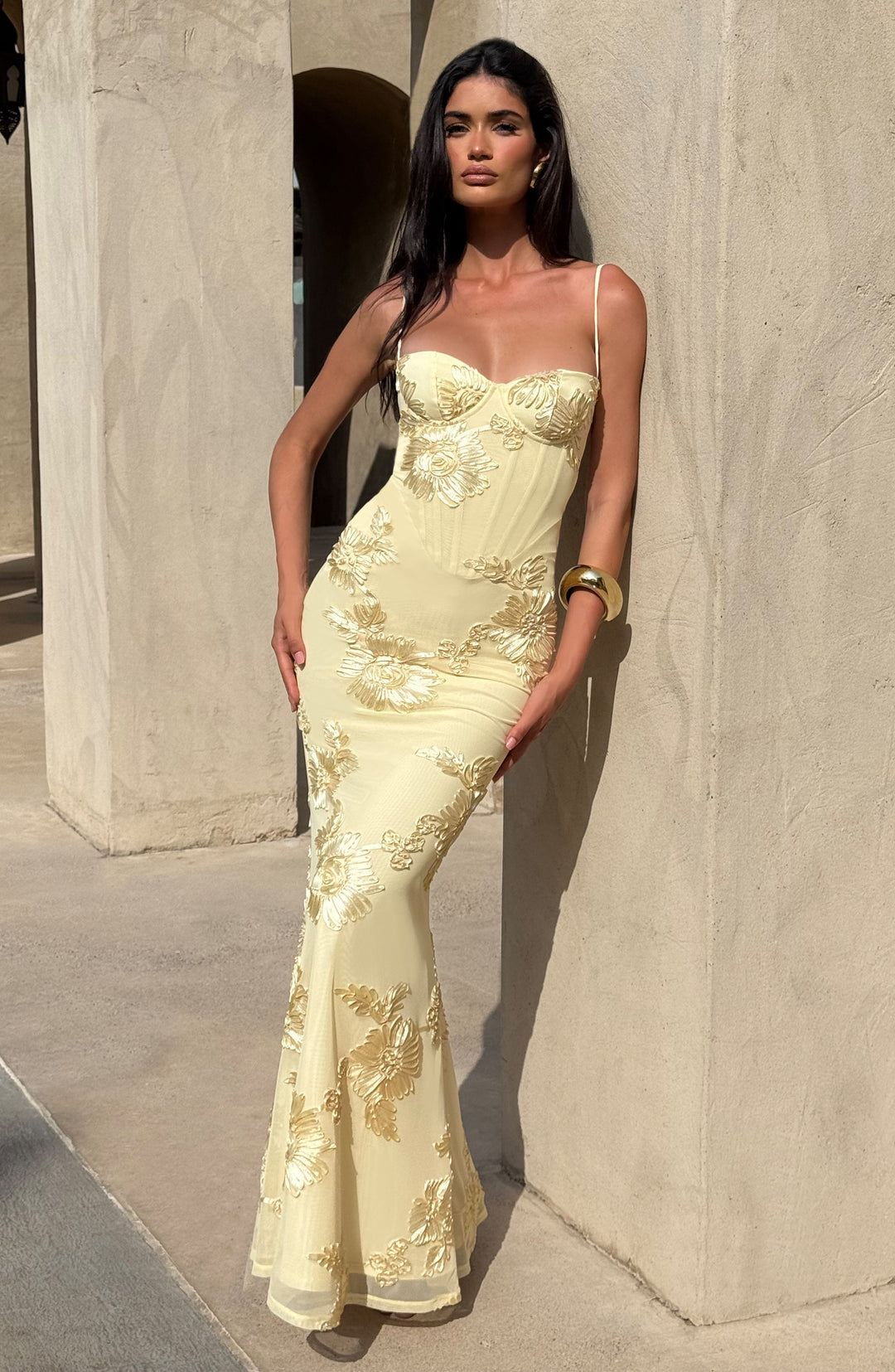 Women's Maxi Corset Dress with Floral Embroidery | Spaghetti Strap