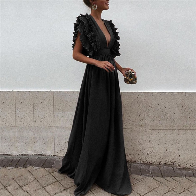 Women's Maxi Dress Ruffle Sleeves | Elegant Evening